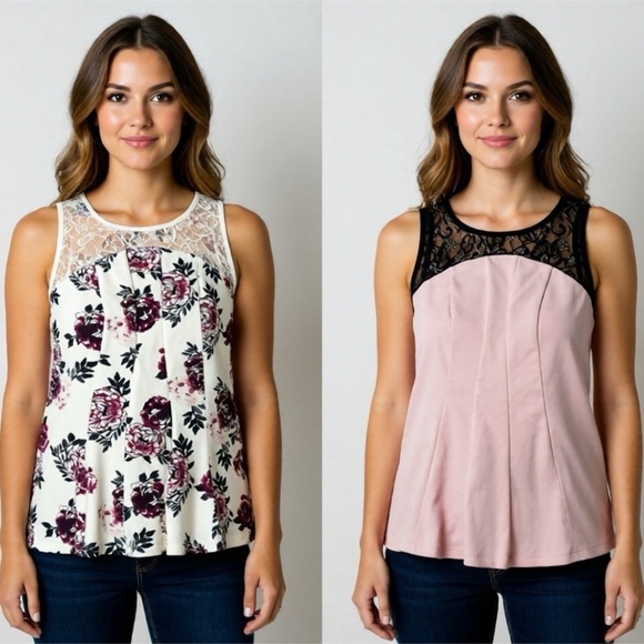 Ricki's Tops - Ricki's Sleeveless Top Set of 2 Size Medium Lace Stretch Floral Pink Fitted